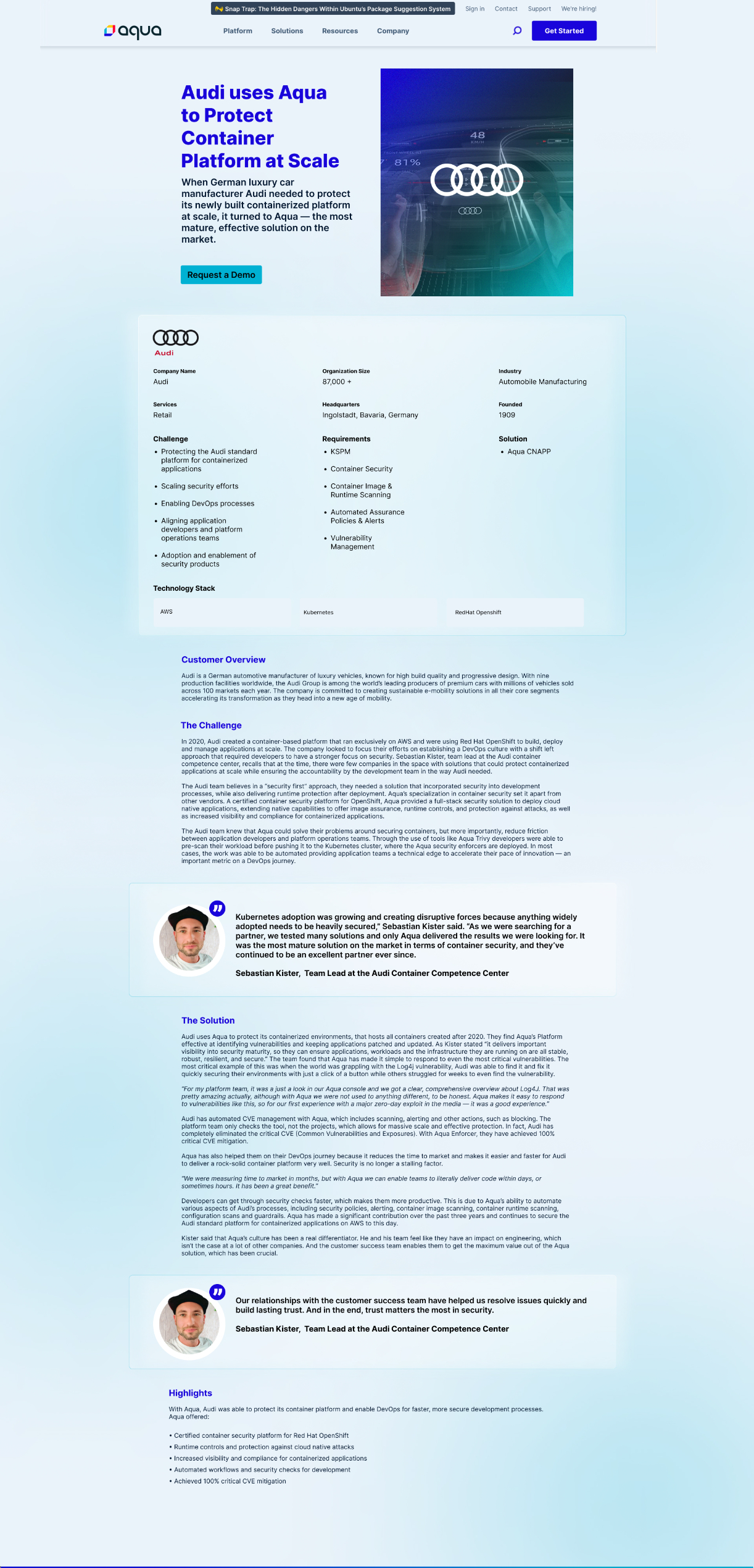 Final customer page design with Audi case study featured